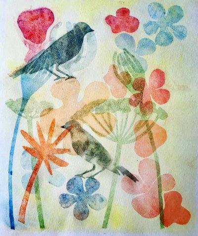 Két madár és virág, 2019 (Tinta monoprint) alkotó: Sarah Thompson Engels