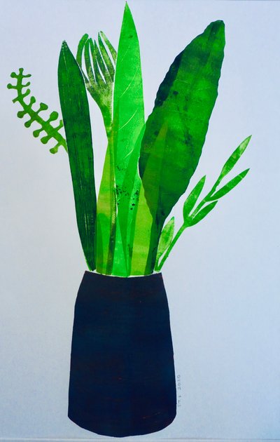 Váza levelekkel (monoprint papíron) 2020 alkotó: Sarah Thompson Engels