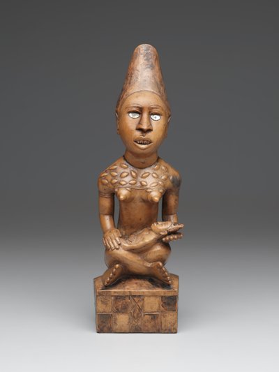 Ülő női alak gyermekkel (pfemba) Yombe Group, Kongo Peoples (fa, üveg vagy csillám és pác) alkotó: School African