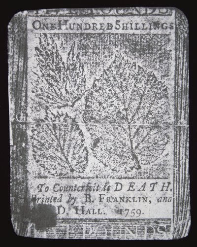 100 shillinges bankjegy, amelyet Benjamin Franklin tervezett és nyomtatott 1759-ben (litho) alkotó: School American
