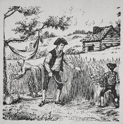 Egy család kukoricát arat (litho) alkotó: School American