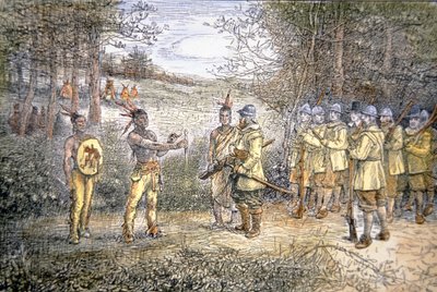 Miles Standish kapitány Wampanoag indiánokkal kereskedik 1621-ben (színes litho) alkotó: School American