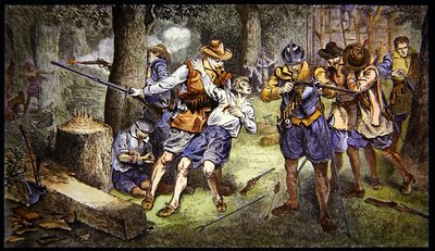 A csecsemőtelep védelme az indiánok támadásával szemben a virginiai Jamestown gyarmatán 1607-ben (színes litó) alkotó: School American