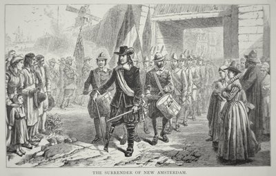 Peter Stuyvesant kormányzó 1664-ben átadja a briteknek Új-Amszterdamot (litho) alkotó: School American