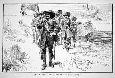 Philip Carteret 1664-ben landol az egykori holland gyarmaton, New Jerseyben (litho) alkotó: School American