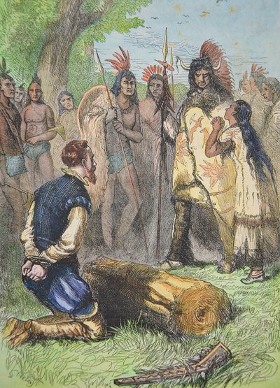 Pocahontas megmenti John Smith életét (színes metszet) alkotó: School American