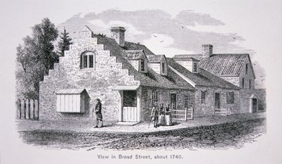 Kilátás a Broad Streetre, New York City, 1740 körül (litho) alkotó: School American