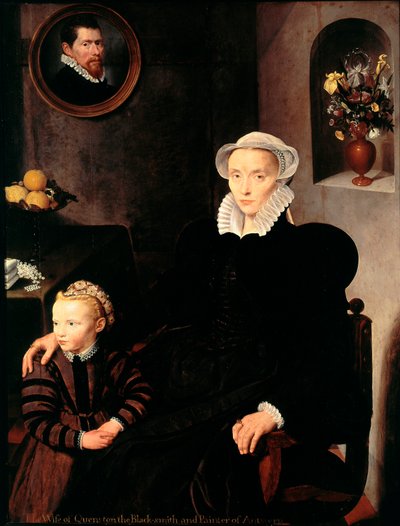 Az antwerpeni kovács és festő feleségének portréja, Quenston gyermekével Az anya feketébe öltözött, gallért és fejdíszt visel. Az antwerpeni iskola festménye. 1576 Dim. 136x108 cm Párizs, Musee du Louvre alkotó: School Antwerp