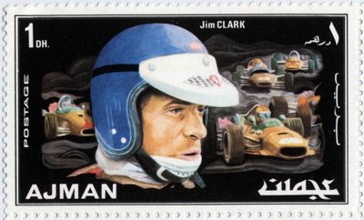 Arab Emírségek bélyegzője, amely Jim Clark skót autóvezetőt (1936-1968) ábrázolja alkotó: School Arabic
