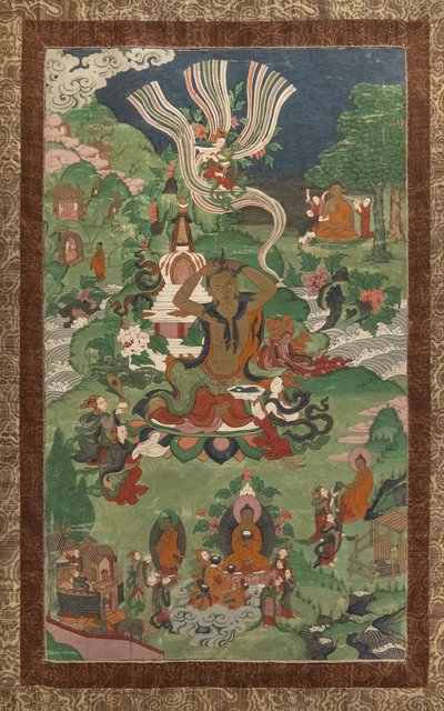Hajvágás és egyéb jelenetek. Thangka a Buddha életének főbb epizódjainak szentelt folytatásból. alkotó: School Asian
