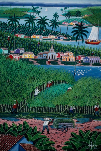 Bambusz betakarítást ábrázoló naiv művészeti festmény, Bahia állam, Brazília alkotó: School Brazilian