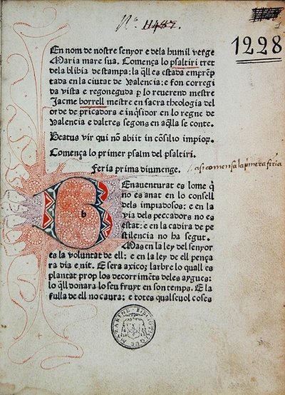 Inc. 1228 Bonifác Ferrer zsoltárja, Jaime Borrell javította, Nicolaus Spindeler nyomta Barcelonában 1480-ban (nyomtatás és tinta papíron) alkotó: School Catalan