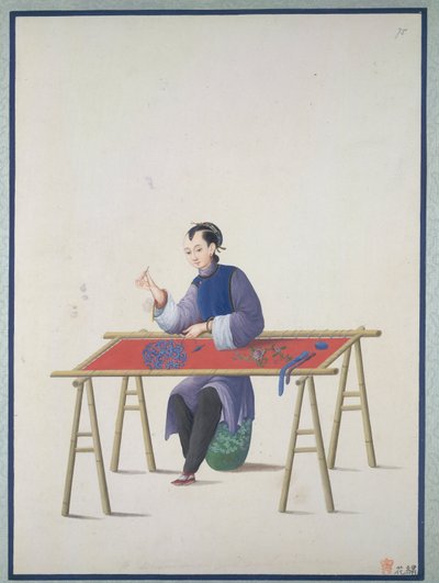 Egy nő hímz, 1800 körül (akvarell, papír) alkotó: School Chinese