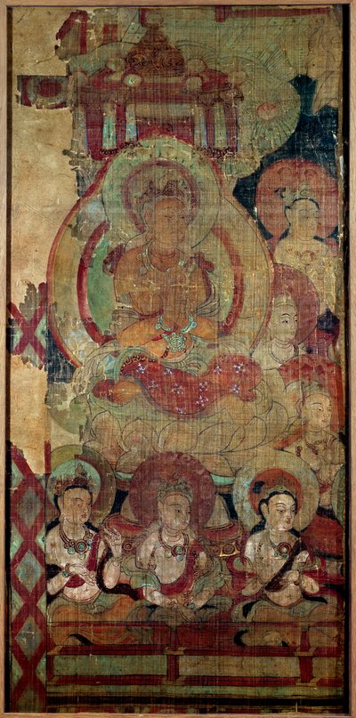 Kínai művészet: Boddhiszatvák (vagy Bodhiszatvák) csoportja. selyemfestés. 10. századi Touen Houang-dinasztia, Musee des Arts Asians de Guimet, Párizs. alkotó: School Chinese