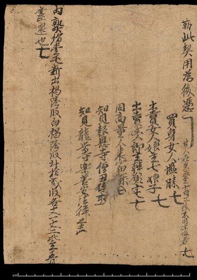 Vagy. 8210, 991. december 20-án kelt szerződés, amely egy rabszolgalányt cserél selyemtartozás (pergamen) helyett alkotó: School Chinese