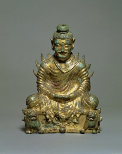 Ülő Buddha lángoló vállával, a hat kínai dinasztia időszaka, az északi Wei-dinasztia, 3-5. század (aranyozott bronz) alkotó: School Chinese