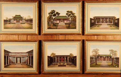Hat kínai pavilonból és udvari jelenetekből álló készlet, 1780 körül (akvarell) alkotó: School Chinese
