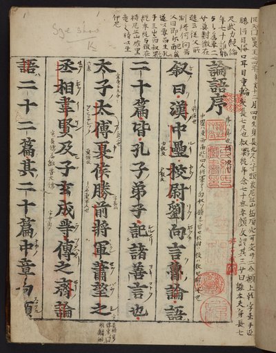 A Rongo 論語 vagy "Analects of Confucius" címlapja, 1390-1450 körül nyomtatva (vellum) alkotó: School Chinese