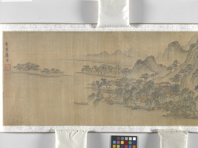 Utazók egy folyóparti faluban, dátum ismeretlen (tus és szín, selyem) alkotó: School Chinese