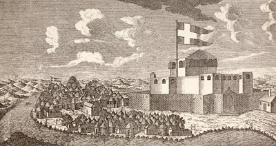 Fredensborg dán gyarmati erőd, Ningo, Ghána, ahogyan 1760-ban volt, az "Afrika, dets Opdagelse, Erobring og Kolonisation" című, 1901-ben Koppenhágában kiadott könyvből (litográfia). alkotó: School Danish