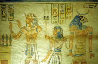 Ókori Egyiptom, festmény/faragás, Amon hir Khopshef sírja, III. Ramszesz és fia, Amon-Hir egy zászlót tartva alkotó: School Egyptian