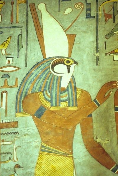 Ókori Egyiptom, festmény, Hórusz, sólyomfejű isten, királyok istene, I. Ramszesz sírja, Théba, Théba alkotó: School Egyptian