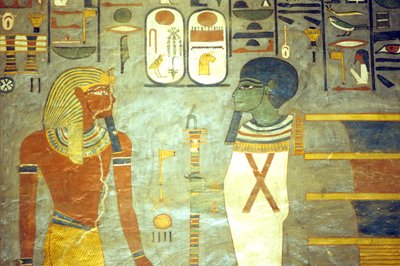 Ókori Egyiptom, festmény, I. Ramszesz Ptah előtt, aki mögött egy djed oszlop áll, I. Ramszesz sírja, Théba alkotó: School Egyptian