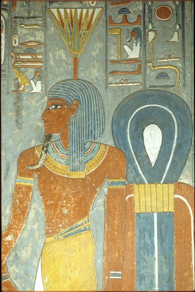 Ókori Egyiptom, festmény, Horemheb sírja, Théba 18. dinasztia, Nefertum isten és Ízisz csomója, Nefertum vagy Nefertem tavirózsa vagy lótusz fejdísszel (fotó) alkotó: School Egyptian