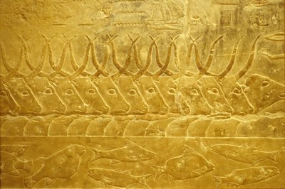 Ókori Egyiptom, falfestmény, Mastaba/Tomb of Idout, Szakkara, 2323-2150 BC, marhák egy folyó mellett (fotó) alkotó: School Egyptian