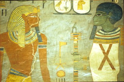 Ókori Egyiptom, falfestmény, I. Ramszesz sírja, Királyok völgye 19. dinasztia, I. Ramszesz Ptah, a teremtés istene előtt (fotó) alkotó: School Egyptian