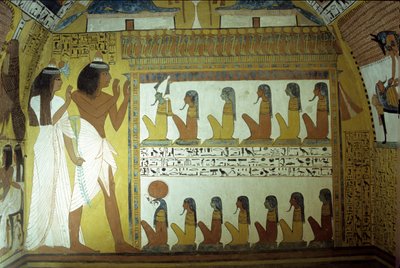 Ókori Egyiptom, falfestmény, Szennedzsem sírja, fal, Szennedzsem és felesége imádják az alvilág isteneit, Ozirisz, Hórusz, Théba, Deir el Medina, Ókori Egyiptom. alkotó: School Egyptian