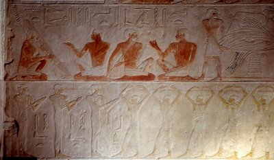 Az ókori Egyiptom: mészkő dombormű, amely az akhethetepi Mastaba kápolnából származó zenészeket ábrázolja, ie 2300 körül. 5. dinasztia. Régi birodalom. Szakkarából (Sakkara). Párizs, Louvre Múzeum alkotó: School Egyptian