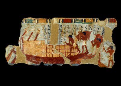 Ókori egyiptomi művészet: gabonák rakodása csónakra Ounou sírjának iszapjára festve (Kr. e. 1450). alkotó: School Egyptian