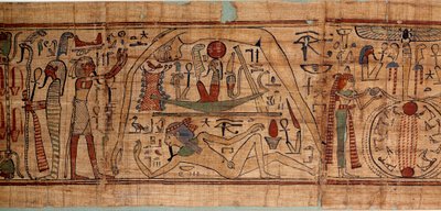 A kozmosz egyiptomi antik allegóriája: Neskapashouty mitológiai papirusza, a kozmogóniát jelképező szemek könyvelője, Geb, Nout, Nephtys, Osiris mellett. Kr.e. 1070-664. 21. dinasztia. V 2,7x0,27 m Párizs, musee du Louvre alkotó: School Egyptian