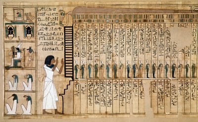 Egyiptomi antiquitis: a Halottak könyvének töredéke, Nebqed papirusza. Az elhunyt érkezését ábrázoló részlet a későbbiekben. 18. dinasztia. Kr.e. 1400-1350. Párizs, Musee du Louvre – Ókori Egyiptom: Halottak könyvének töredéke, Ne papirusz alkotó: School Egyptian