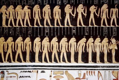 Luxor, Théba: A Királyok Völgye, isten és istennő rajza a templom belső falán. alkotó: School Egyptian