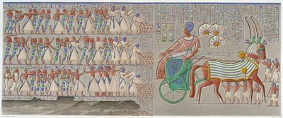 Théba, Medynet-Abu: színes dombormű, a palota perisztíliájának déli galériájában faragott – az „egyiptomi régiségekben””, T.II. alkotó: School Egyptian
