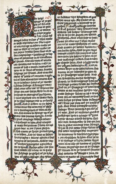 Egy oldal másolata Szent Márk evangéliumából, a Biblia Wycliffe által 1400 körül készített angol nyelvű fordításából (nyomtatás). alkotó: School English
