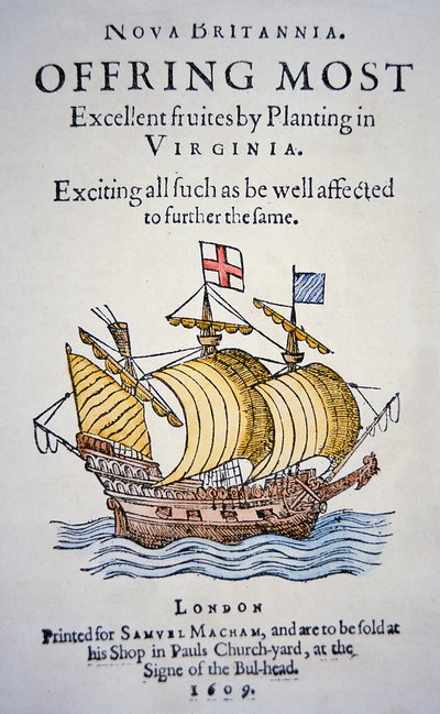 1609-ben kiadott füzet, amely a telepeseket arra buzdítja, hogy menjenek Virginiába Amerikába (színes litho) alkotó: School English