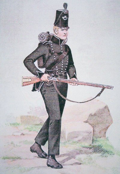 A 95. puskák közkatona, 1810 körül, a londoni Ezekiel Baker által tervezett Baker puskával (színes litó) alkotó: School English
