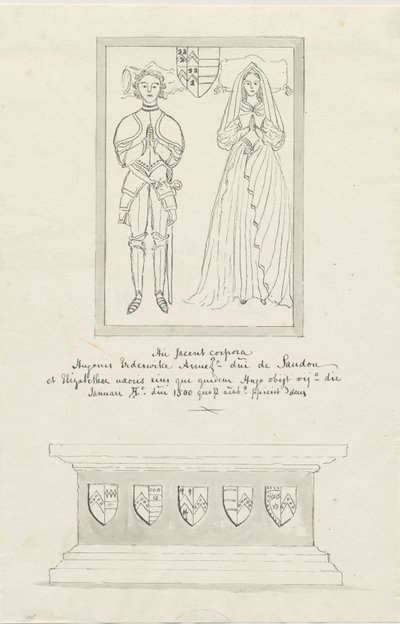 Sandon templom – Hugh Erdeswicke és Elizabeth [Harcourt] sírja: toll- és mosdórajz, nd [?18. század] (rajz) alkotó: School English