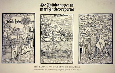 Kolumbusz partraszállása Espaniolán egy 1494-ben Bázelben kiadott korabeli röpirat után (litho) alkotó: School English
