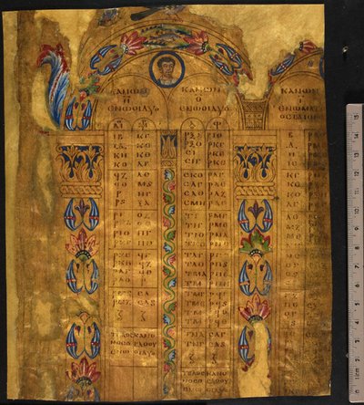 Canon asztalok, 6-7. század, Add MS 5111, f.11r (toll és tinta aranylevéllel pergamenen) alkotó: School European