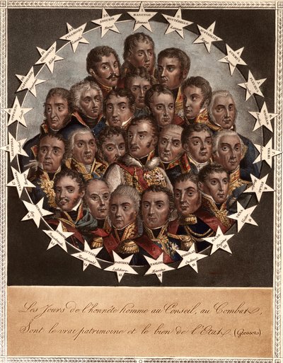 A Heros by Victory – A tisztesség napjai a Tanácsban, a Harcban – az állam igazi öröksége és java. (Gressets) - 1. marengo. dessaix. 2. montebello. lannes. 3. austerlitz. rapp. 4. eckmuel. davoust. 5. florus. jourdan. 6. wagram. berthier alkotó: School French