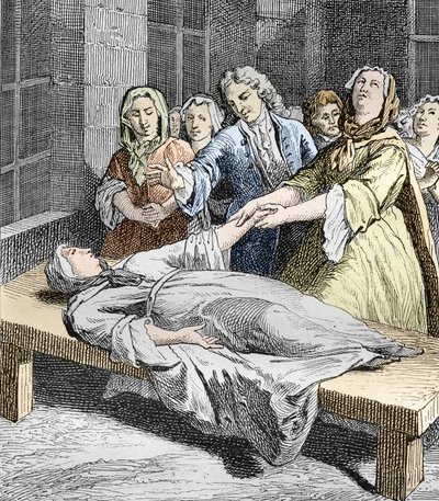 Catherine Bigot a janzenista görcsökben, Louis Figuier "Les Mysteres de la Science" című művéből (metszet) alkotó: School French