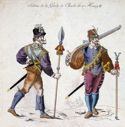 IX. Károly (1550-1574) és III. Henrik (1574-1589) gárda katonáinak jelmezei. alkotó: School French