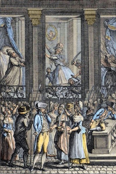 Francia forradalom – Az 1789. október 5. és 6. közötti szörnyű éjszaka Versailles-ban – XVI. Lajos és Marie Antoinette agressziója – alkotó: School French
