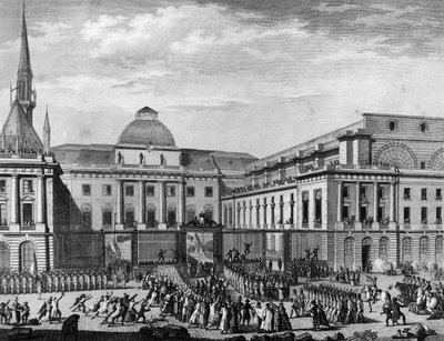 Francia forradalom: Párizs városháza, parlament 1790 novemberében a város szigetén Jean Baptiste Gaspard Bochart de Saron (1730-1794) elnökletével. Párizs, a Forradalomtörténeti Intézet könyvtára alkotó: School French