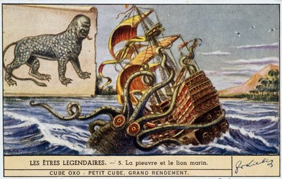 Legendás lények - polip és oroszlánfóka - chromo Liebig szín. alkotó: School French
