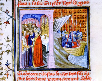 Aquitániai Eleonóra és VII. Lajos francia király házassága (1137) balra, és a második keresztes hadjáratra való indulás 1147-1149, a "Chronique de St Denis"-ből (pergamen). alkotó: School French